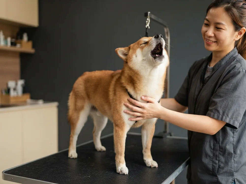 Red Shiba Inu with its mouth open mid vocalisation on a grooming table