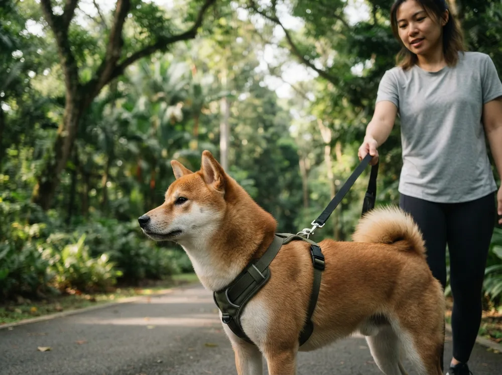Shiba Inu on a secure harness and lead walking beside its owner on a Singapore path