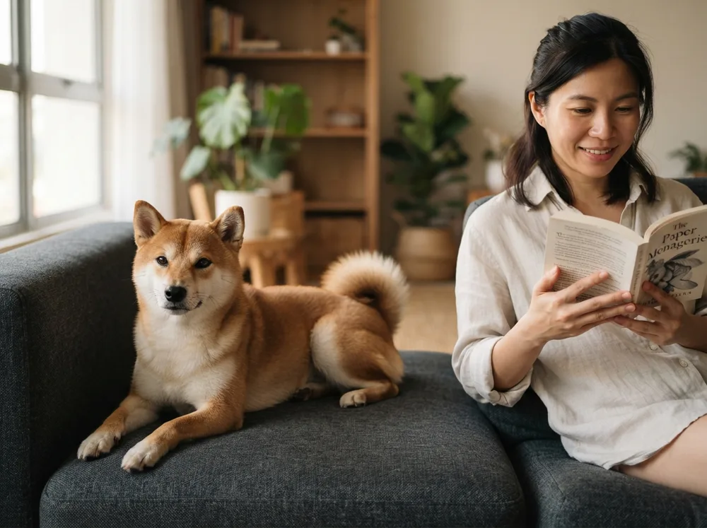 Sesame Shiba Inu resting near but not on its owner on a charcoal sofa