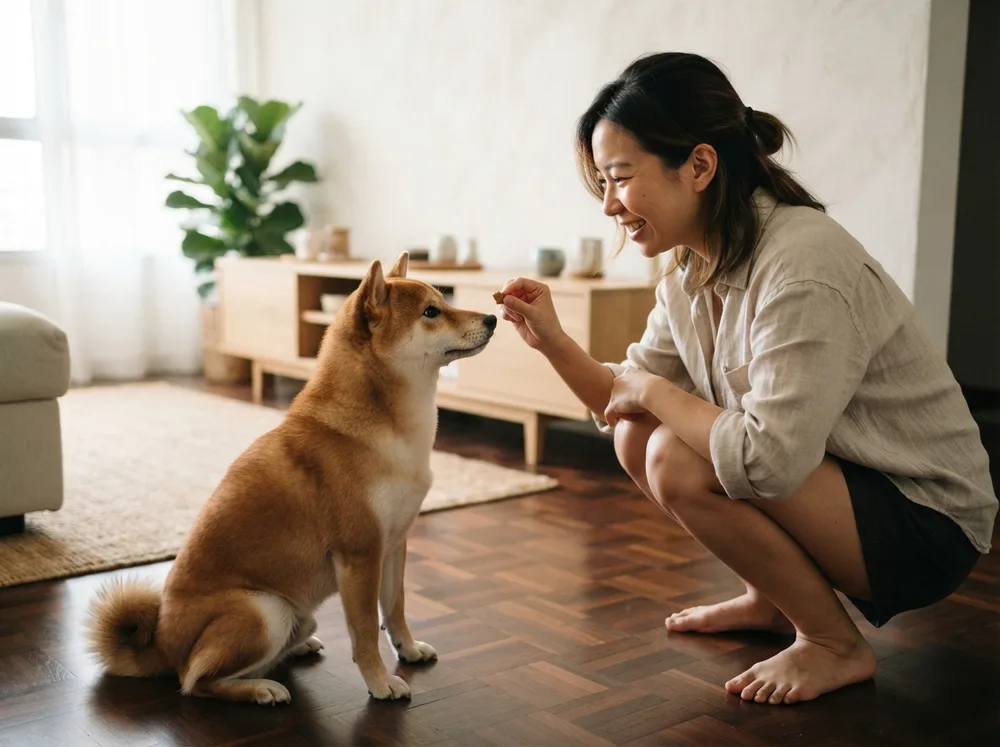 Owner training a red Shiba Inu with a treat during a sit command indoors