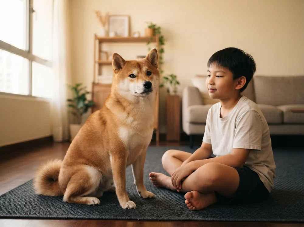 Red Shiba Inu sitting calmly beside a gentle older child in a Singapore living room