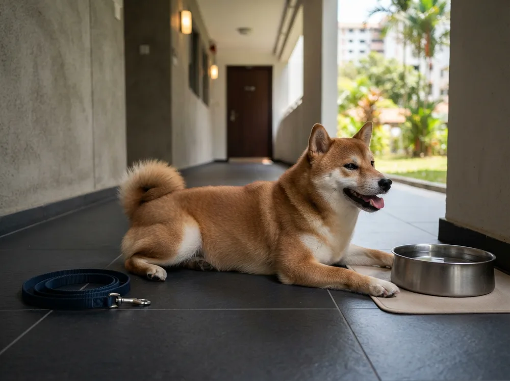 Shiba Inu resting in the shade beside a water bowl after an early morning walk in Singapore