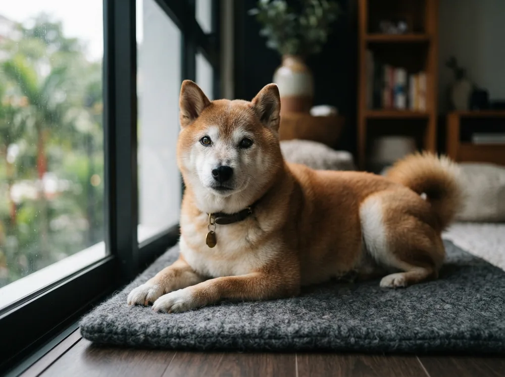 Greying senior Shiba Inu resting calmly on a soft mat by a window