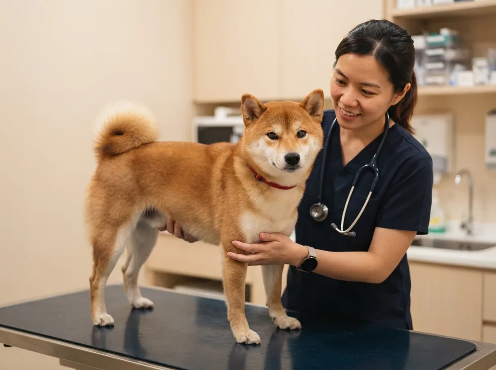 Healthy Shiba Inu being examined gently by a veterinarian on a clinic table