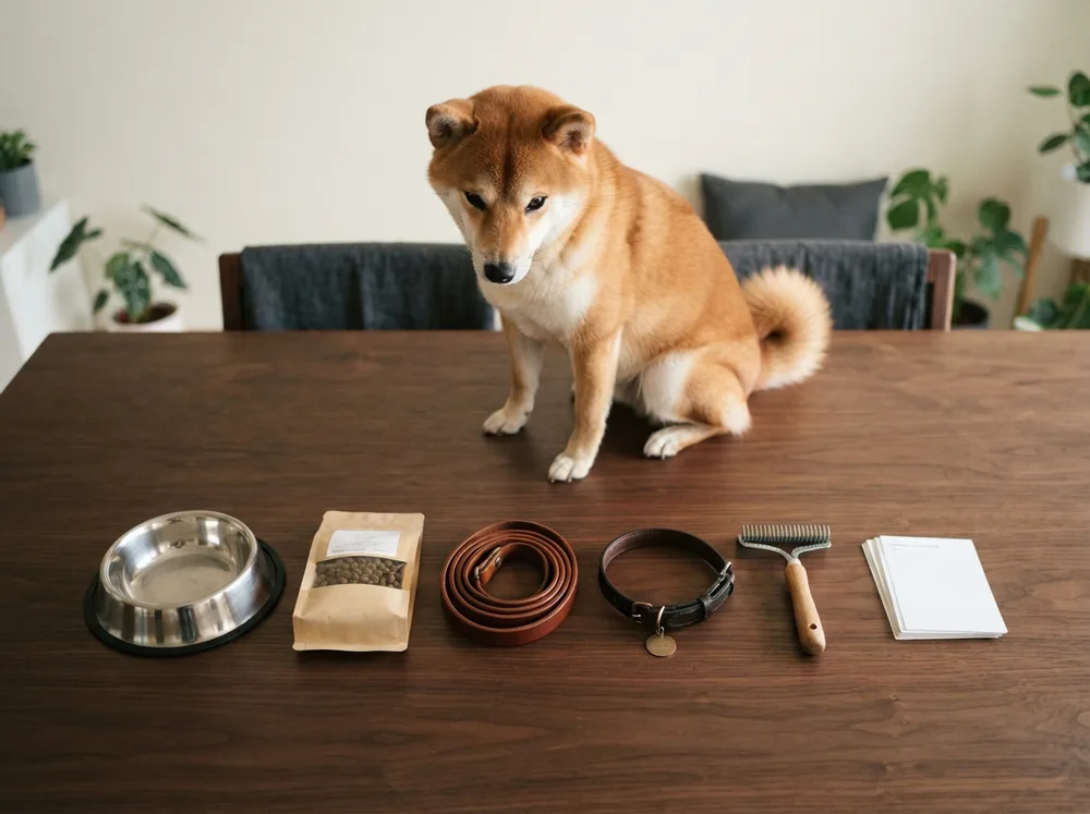 Shiba Inu beside a food bowl, a lead and a licence tag arranged on a table