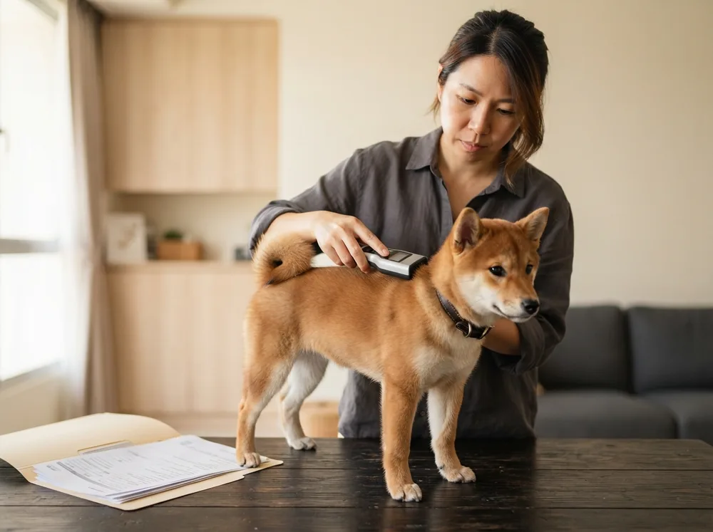 Owner checking a microchip scanner and paperwork beside a Shiba Inu puppy