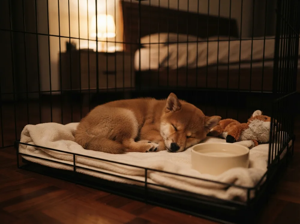 Red Shiba Inu puppy asleep in a secure playpen on its first night home