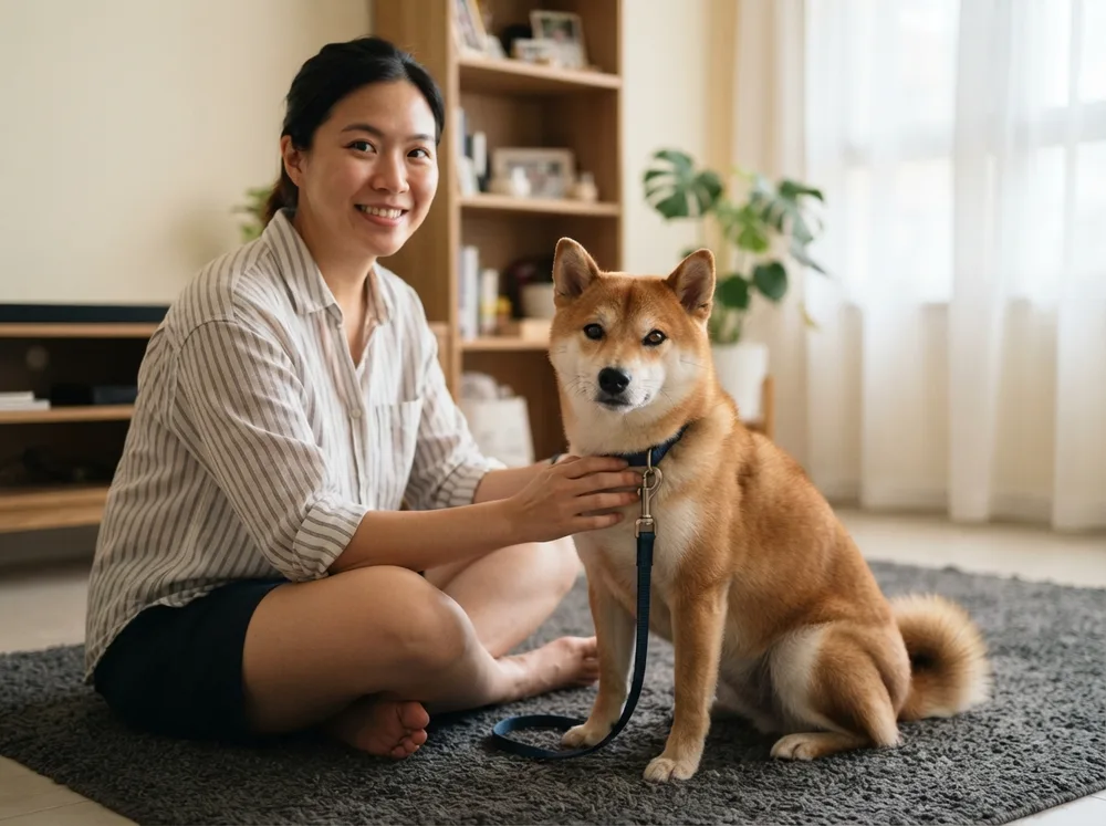 Adult Shiba Inu sitting calmly beside a foster carer in a Singapore home