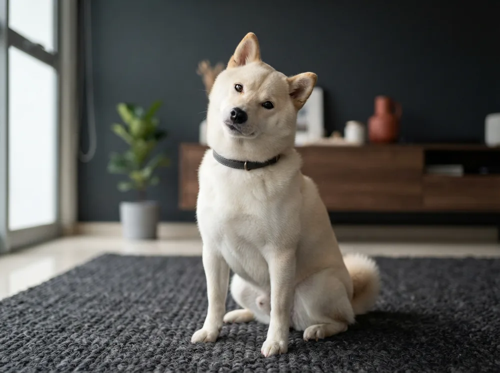 Cream Shiba Inu with a knowing head tilt echoing the Doge meme expression