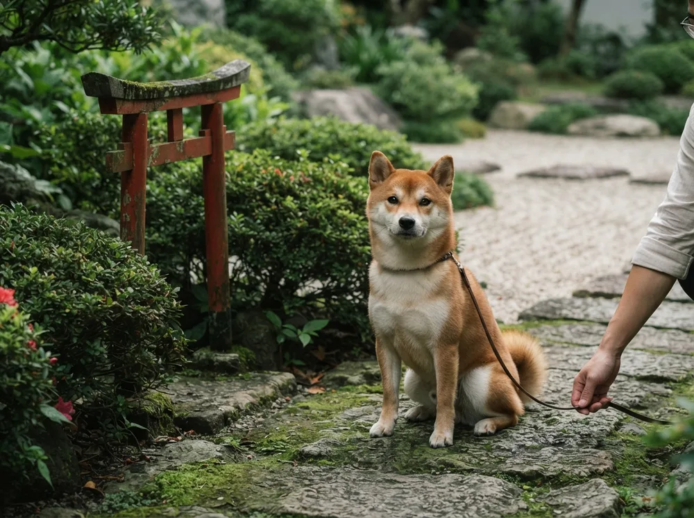 Red Shiba Inu sitting beside a small red torii gate in a Japanese-style garden