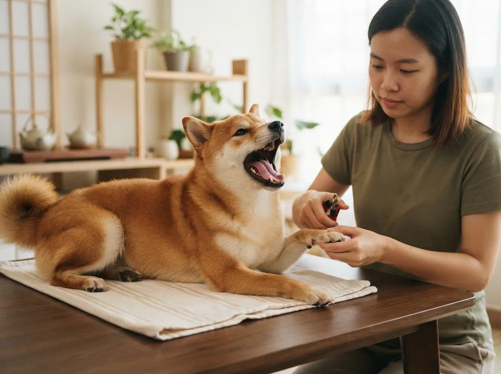 Red Shiba Inu howling dramatically during a routine nail trim while its owner calmly holds one paw