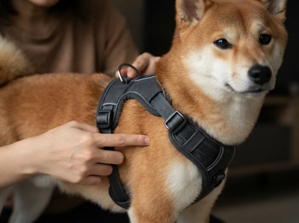 Close detail of a correctly fitted escape-proof harness on a red Shiba Inu with the lead clip in focus