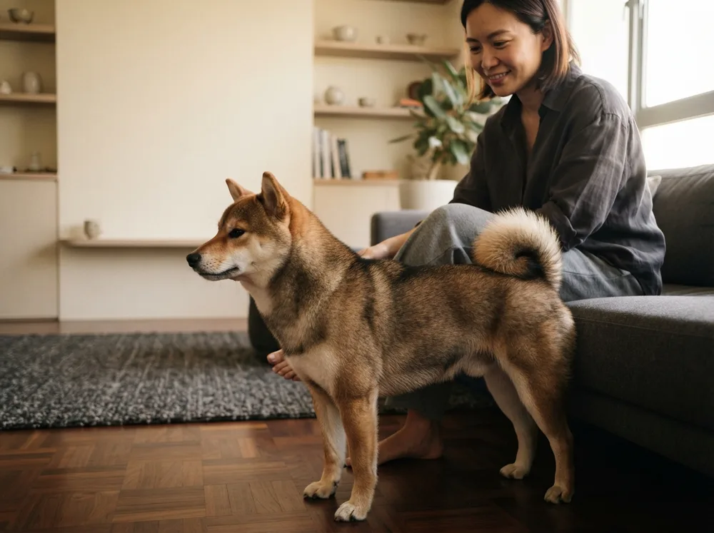 Sesame Shiba Inu briefly touching its shoulder against its seated owner’s leg while looking outward