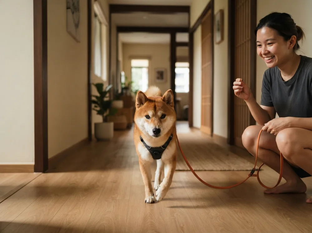 Red Shiba Inu trotting toward its owner on a training long-line down an indoor corridor