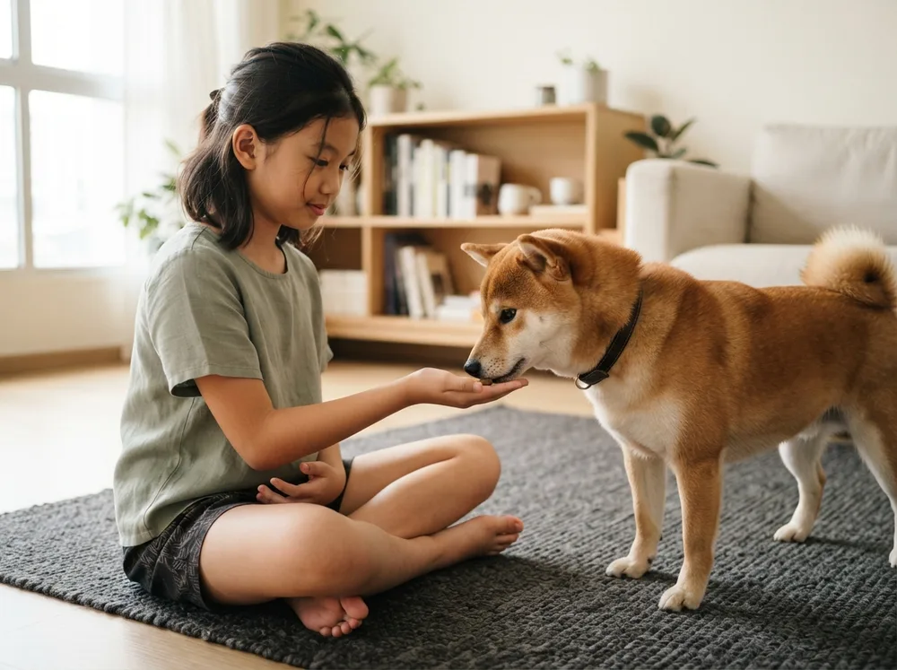 A child offering a treat on a flat open palm while a red Shiba Inu takes it politely