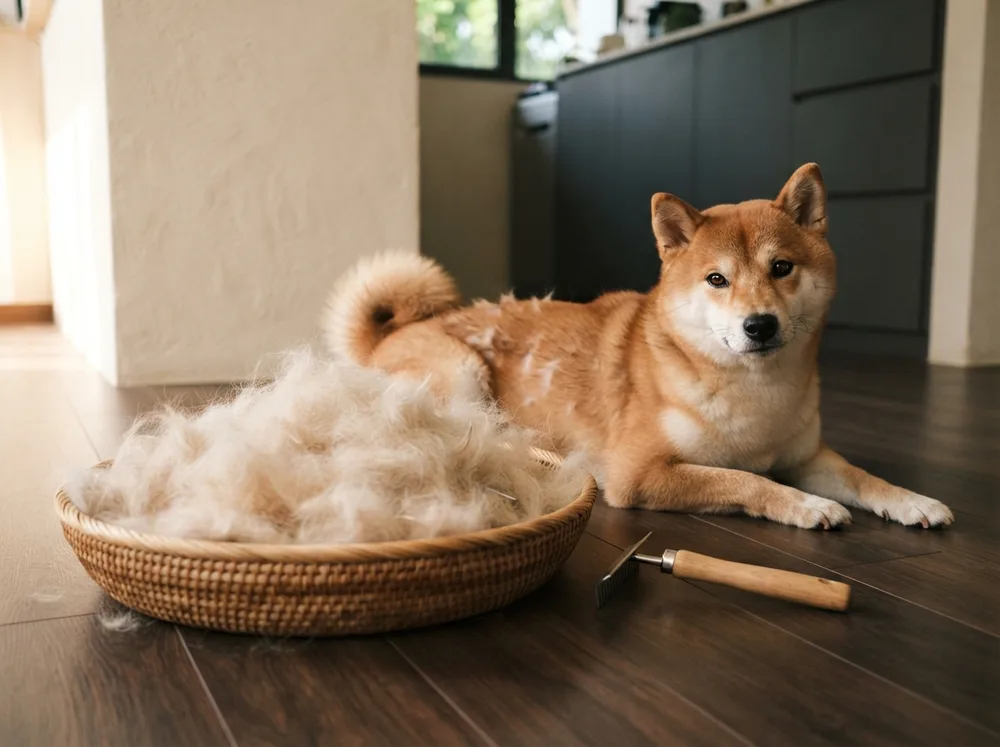 A basket heaped with collected pale undercoat beside a deshedding rake and a mid-shed red Shiba Inu