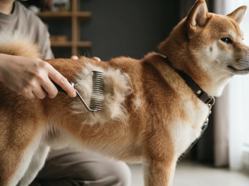 An undercoat rake pulling soft pale underfur from a red Shiba Inu while the harsh guard hairs stay intact
