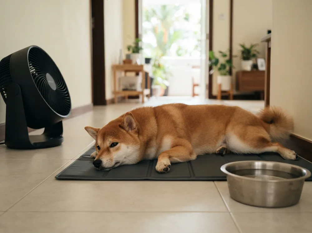 Red Shiba Inu stretched flat on a gel cooling mat beside a floor fan and a water bowl