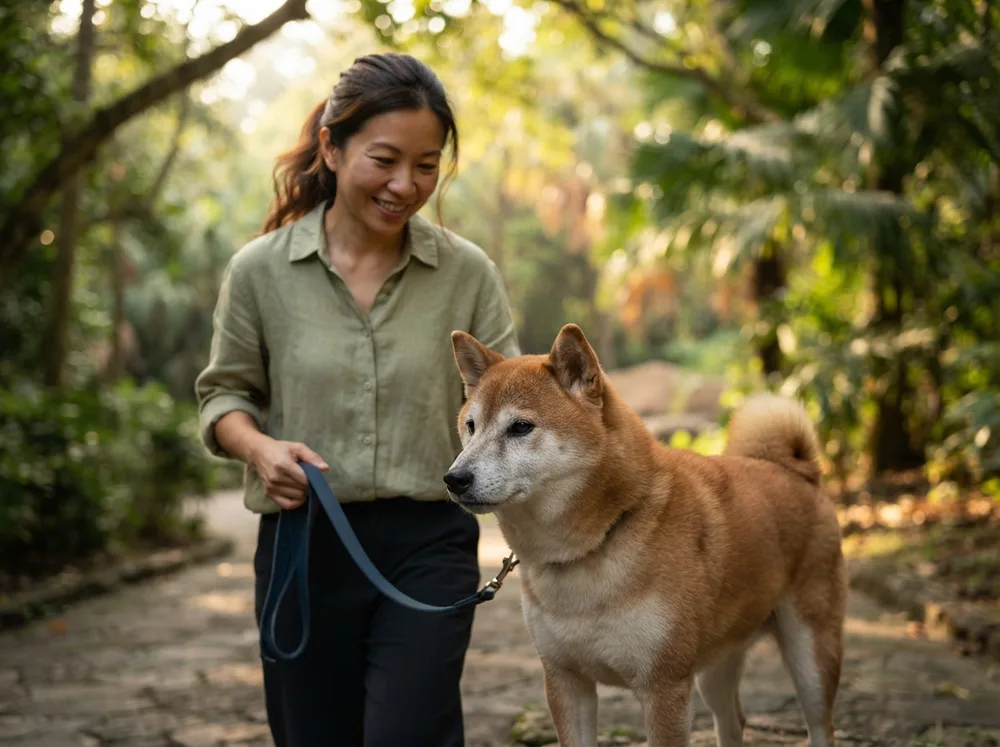 Grey-muzzled senior Shiba Inu walking unhurriedly on a slack lead beside its owner in the early morning