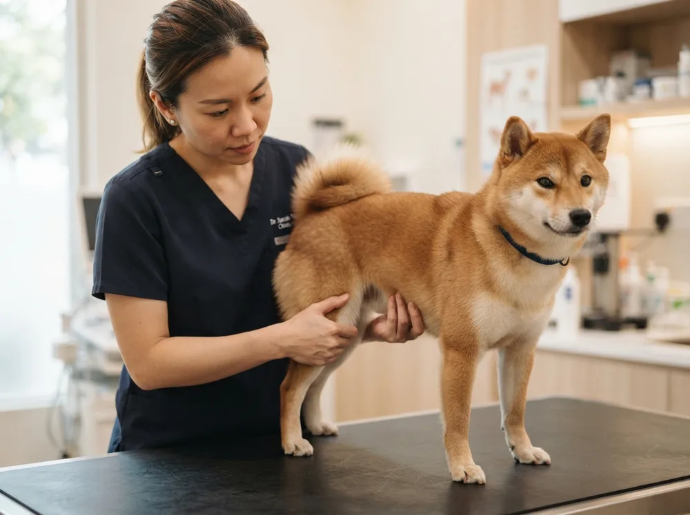 A veterinarian gently flexing the hind knee of a red Shiba Inu during a joint examination