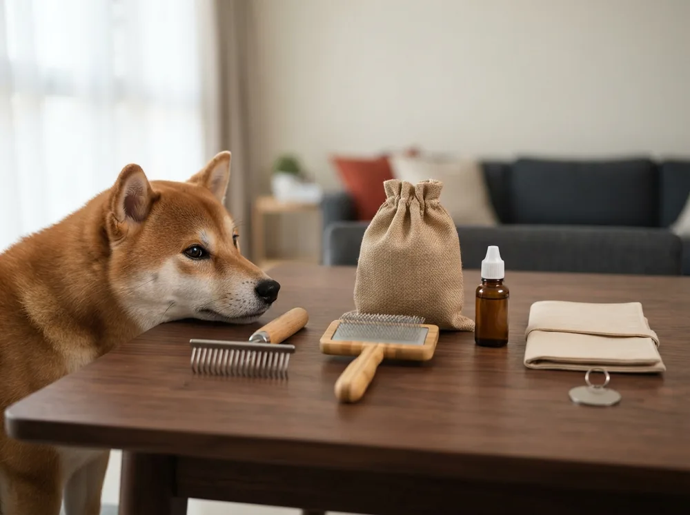 Grooming tools, kibble, ear cleaner and a document wallet laid out beside a red Shiba Inu