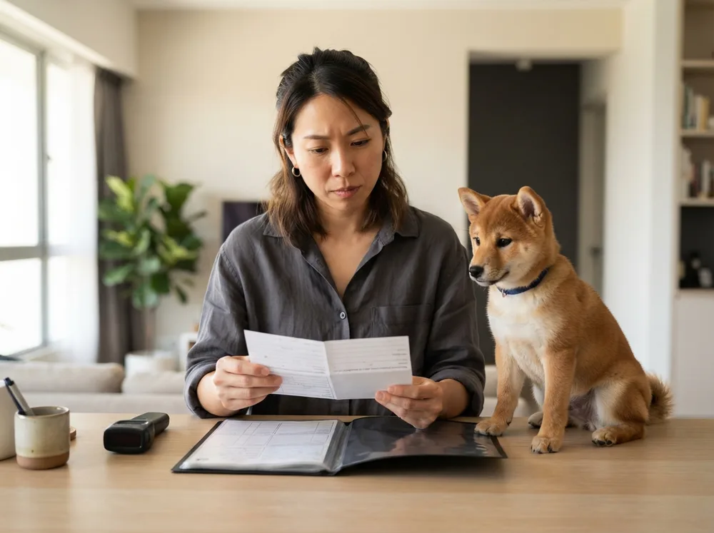 A buyer carefully reading a folder of vaccination records beside a Shiba Inu puppy and a microchip scanner