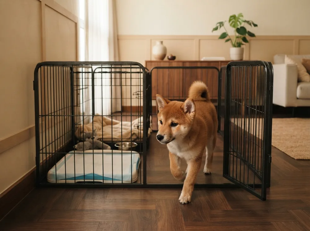 A prepared puppy pen with a crate, blanket, pee tray and water bowl as a Shiba Inu puppy steps inside