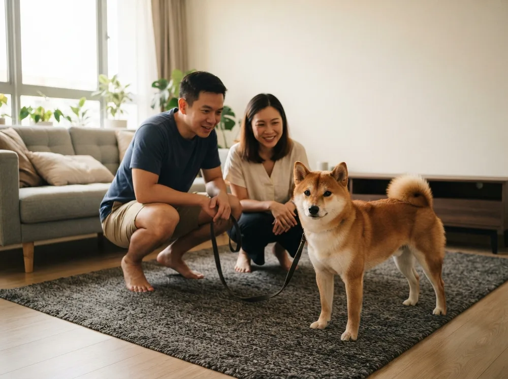 An adult Shiba Inu on a lead approaching a crouching couple in its own time in a Singapore living room