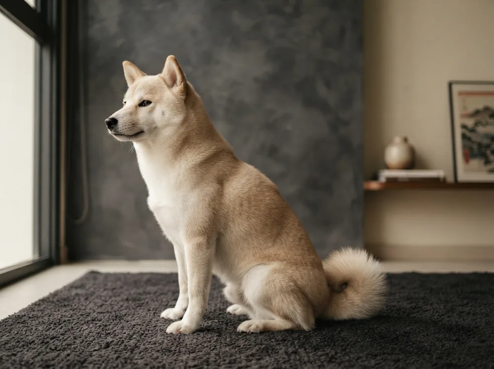 Cream Shiba Inu sitting in profile against a dark wall giving the camera a sidelong glance