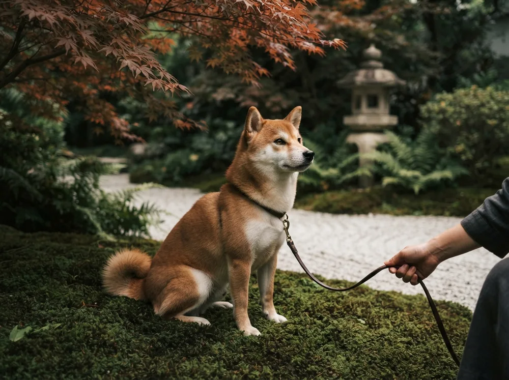 Red Shiba Inu sitting alert on moss beneath a Japanese maple beside raked gravel and a stone lantern