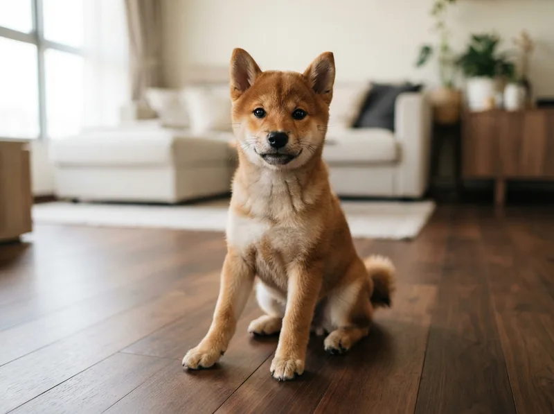 Deep red Shiba Inu puppy sitting upright on dark parquet with ears pricked and a tightly curled tail