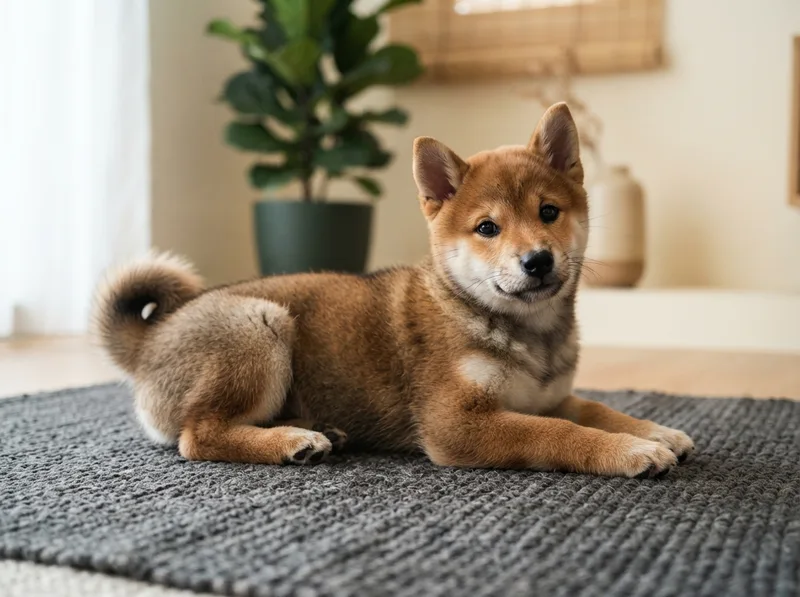 Sesame Shiba Inu puppy with black-tipped guard hairs lying relaxed on a charcoal wool rug