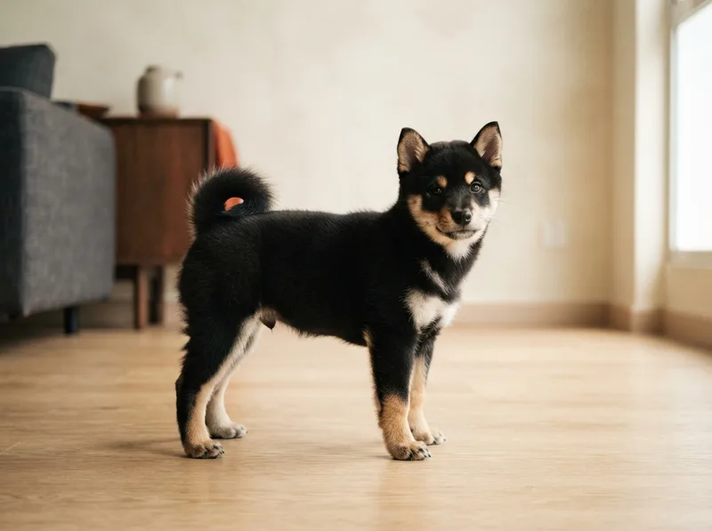 Black and tan Shiba Inu puppy with tan eyebrow spots standing alert on a pale oak floor