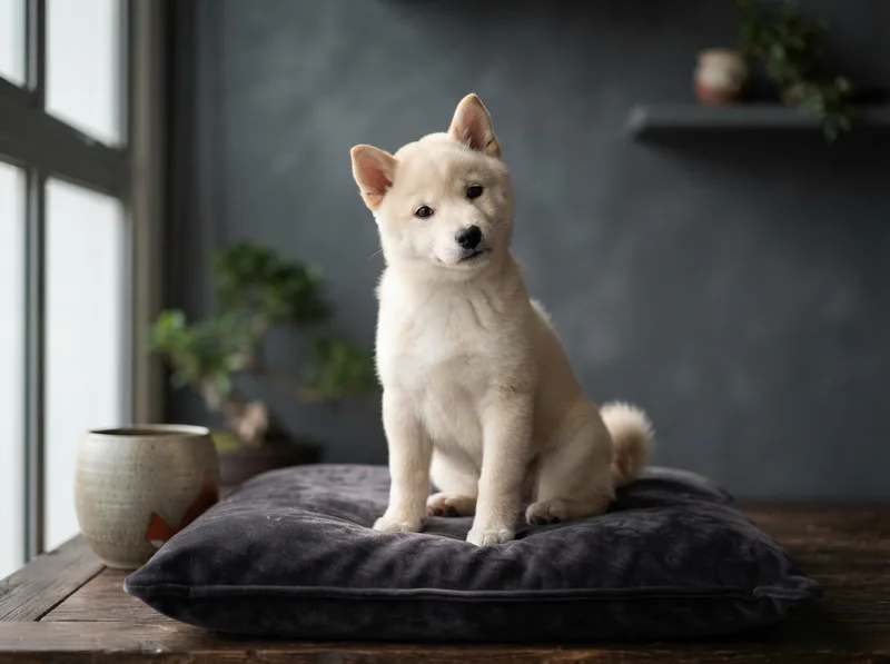 Pale cream Shiba Inu puppy sitting on a dark charcoal cushion with its head tilted