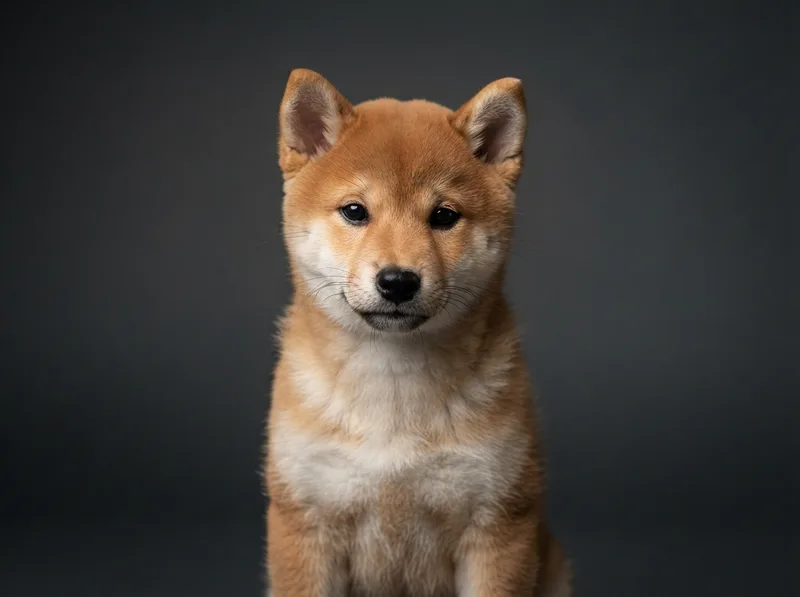 Close head portrait of a red Shiba Inu puppy with dark almond eyes and cream urajiro markings