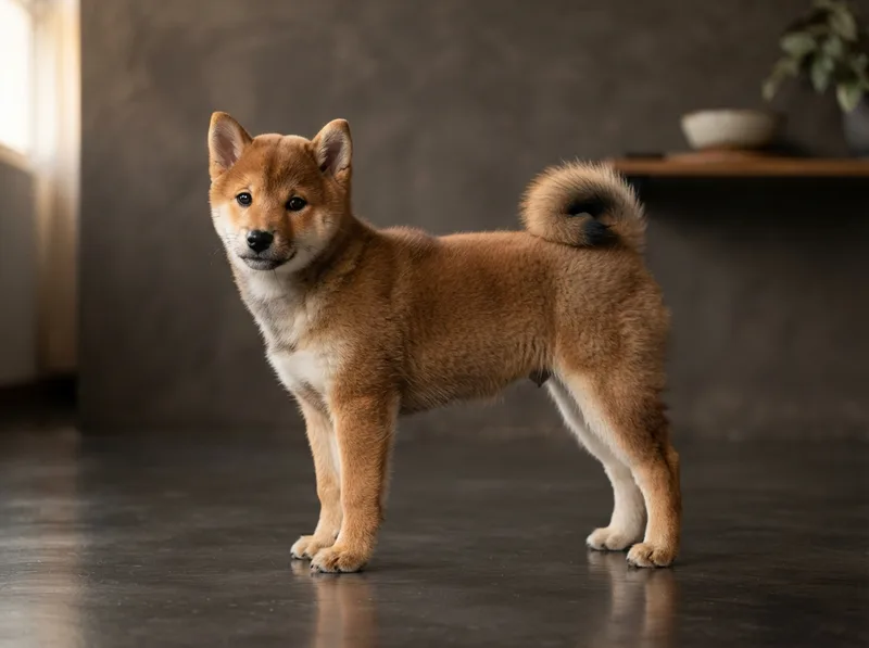 Red sesame Shiba Inu puppy standing in full side profile showing a tail curled over the back