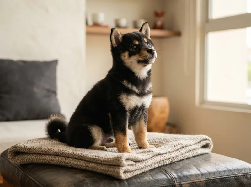 Black and tan Shiba Inu puppy sitting on a knit blanket looking up with a curious expression