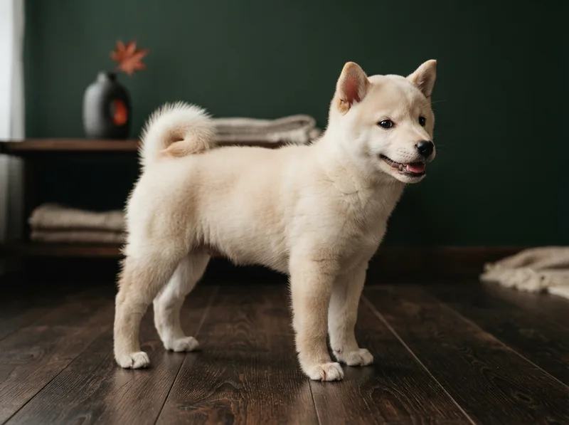 Pale cream Shiba Inu puppy standing against a deep green wall with a relaxed open-mouthed expression