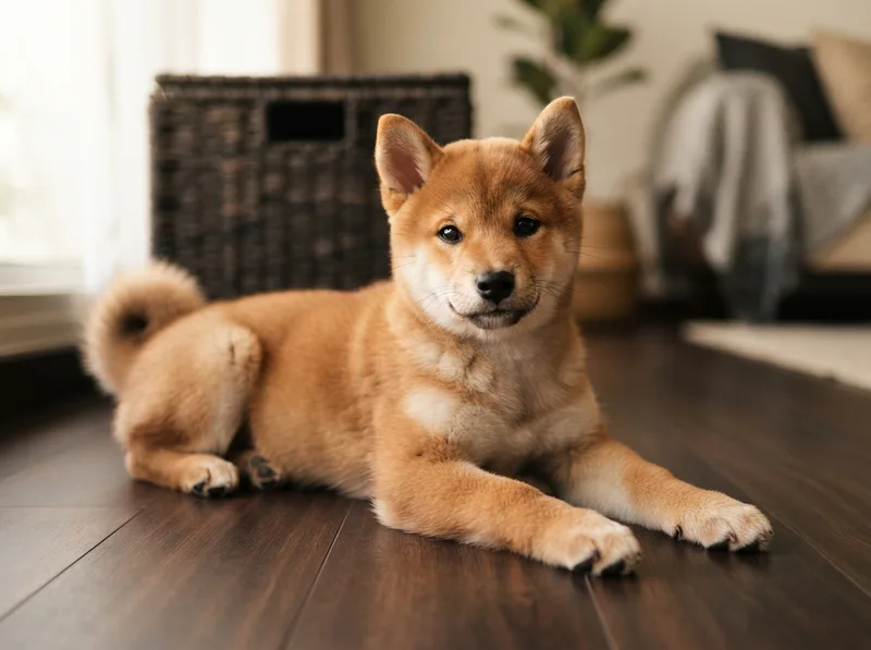Deep red Shiba Inu puppy lying with paws stretched forward and head raised, ears fully erect