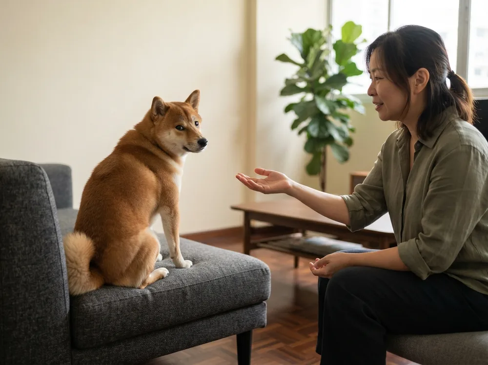 Red Shiba Inu sitting at the far end of a charcoal sofa turning away from its owner’s outstretched hand
