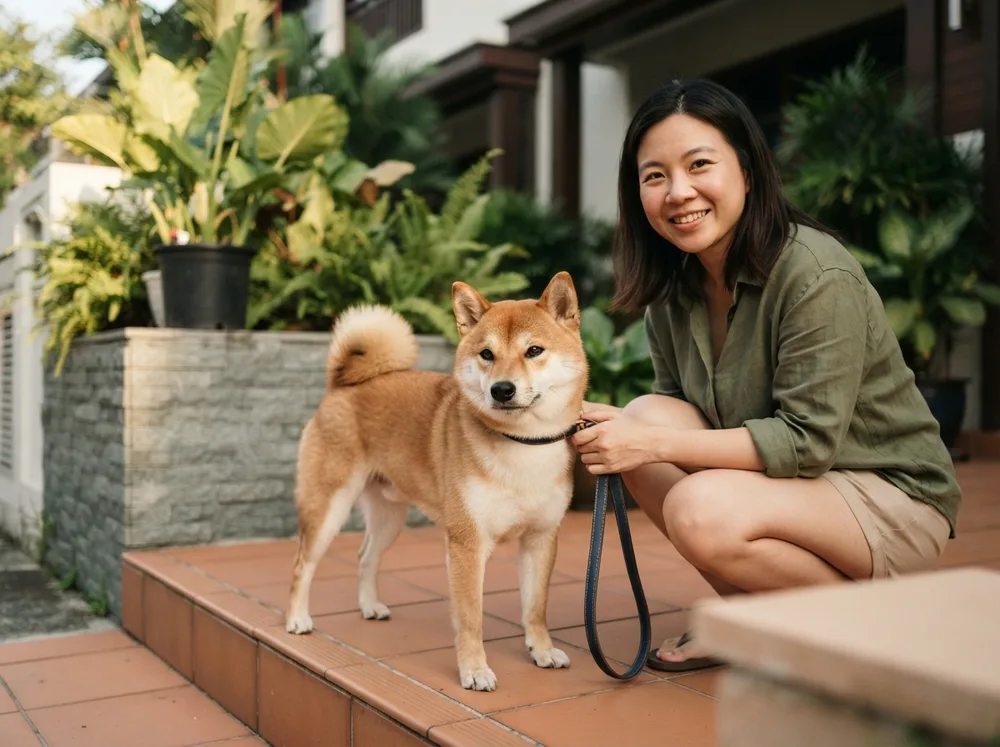 Red Shiba Inu on a lead on the entrance step of a private landed home in Singapore beside its crouching owner