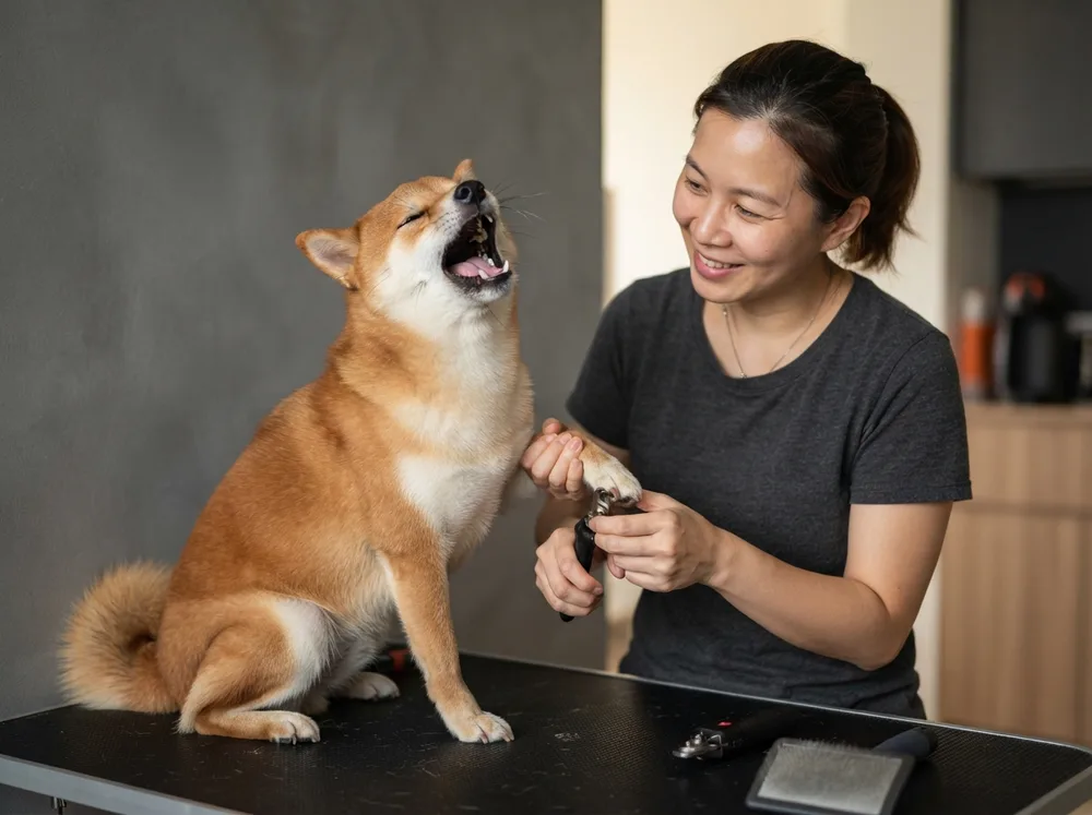Red Shiba Inu screaming in protest with its head tipped back while its owner calmly trims one front paw