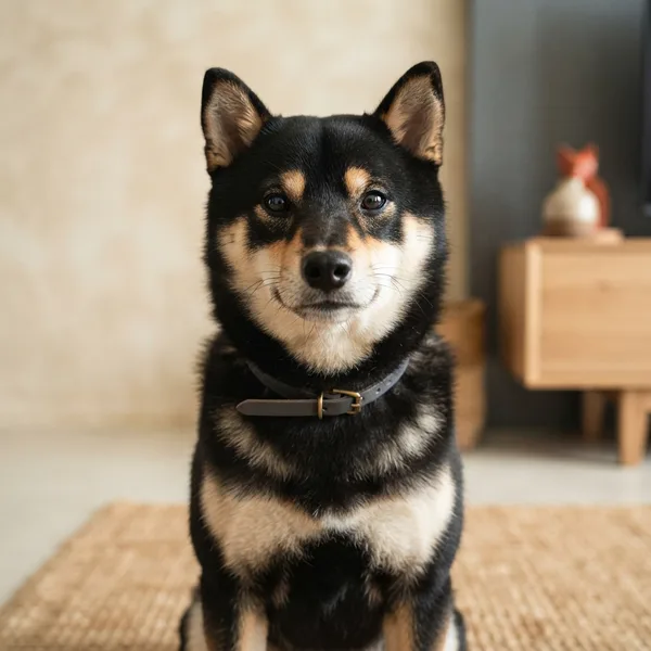 Head study of a black and tan Shiba Inu with sharp tan points above the eyes and cream urajiro markings