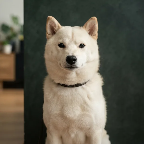 Head study of a pale cream Shiba Inu with a black nose against a deep green backdrop