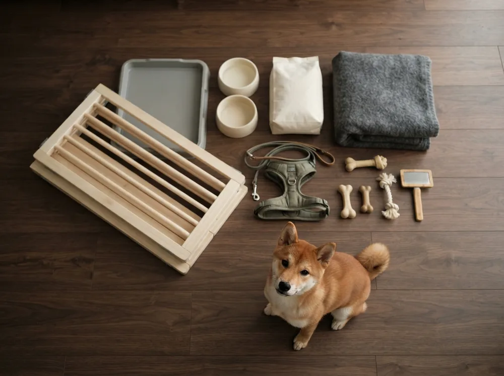 Puppy starter kit laid out on dark floorboards — playpen panel, pee tray, bowls, kibble, blanket, harness, toys and brush — with a red Shiba Inu puppy beside it