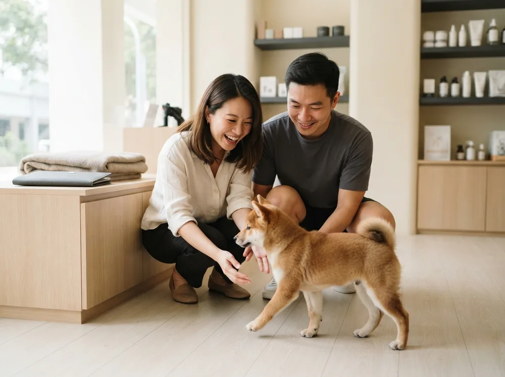 A Singapore couple crouching to meet a red Shiba Inu puppy for the first time in a bright minimal pet shop