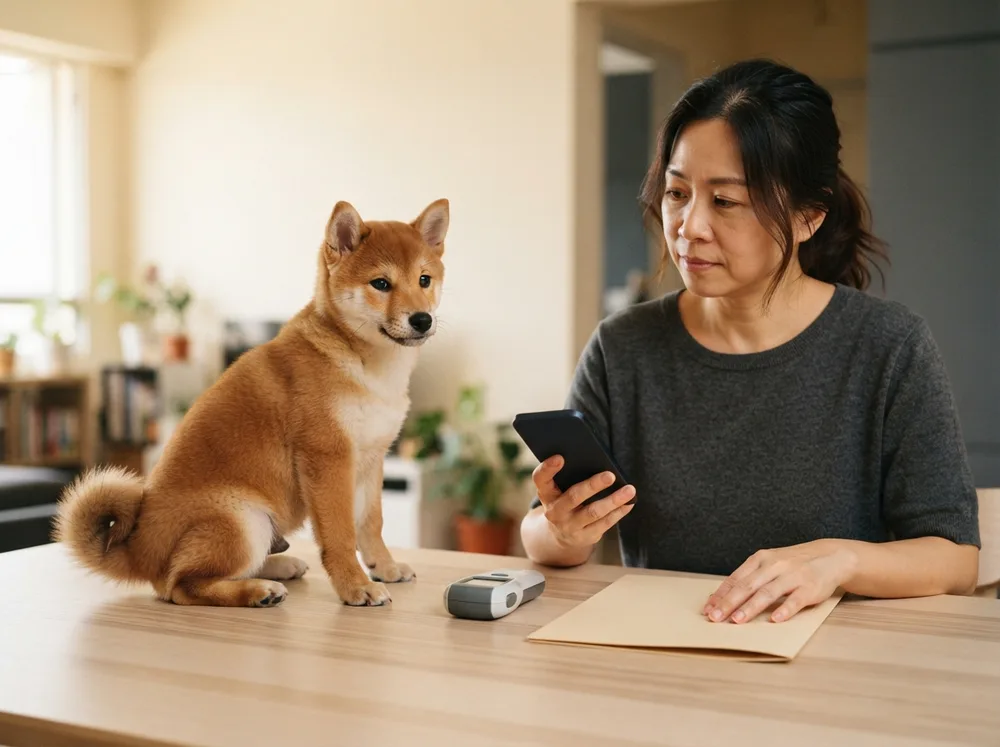 A buyer checking a phone beside a microchip scanner, a document wallet and a red Shiba Inu puppy on a timber table