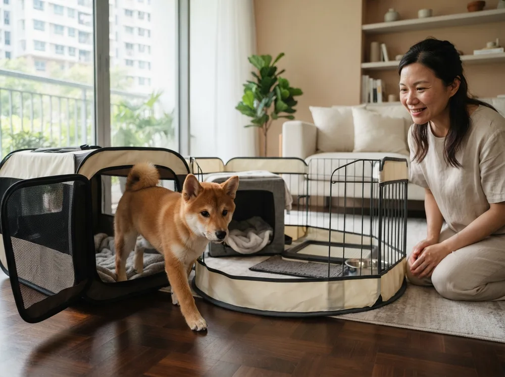 Red Shiba Inu puppy stepping out of a carrier into a set-up playpen in a Singapore condominium living room