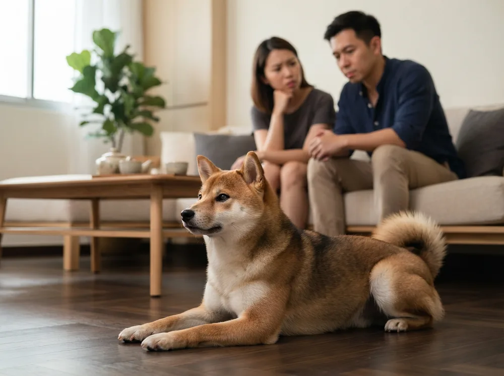 Sesame Shiba Inu lying alert on dark parquet while two owners talk seriously on the sofa behind it