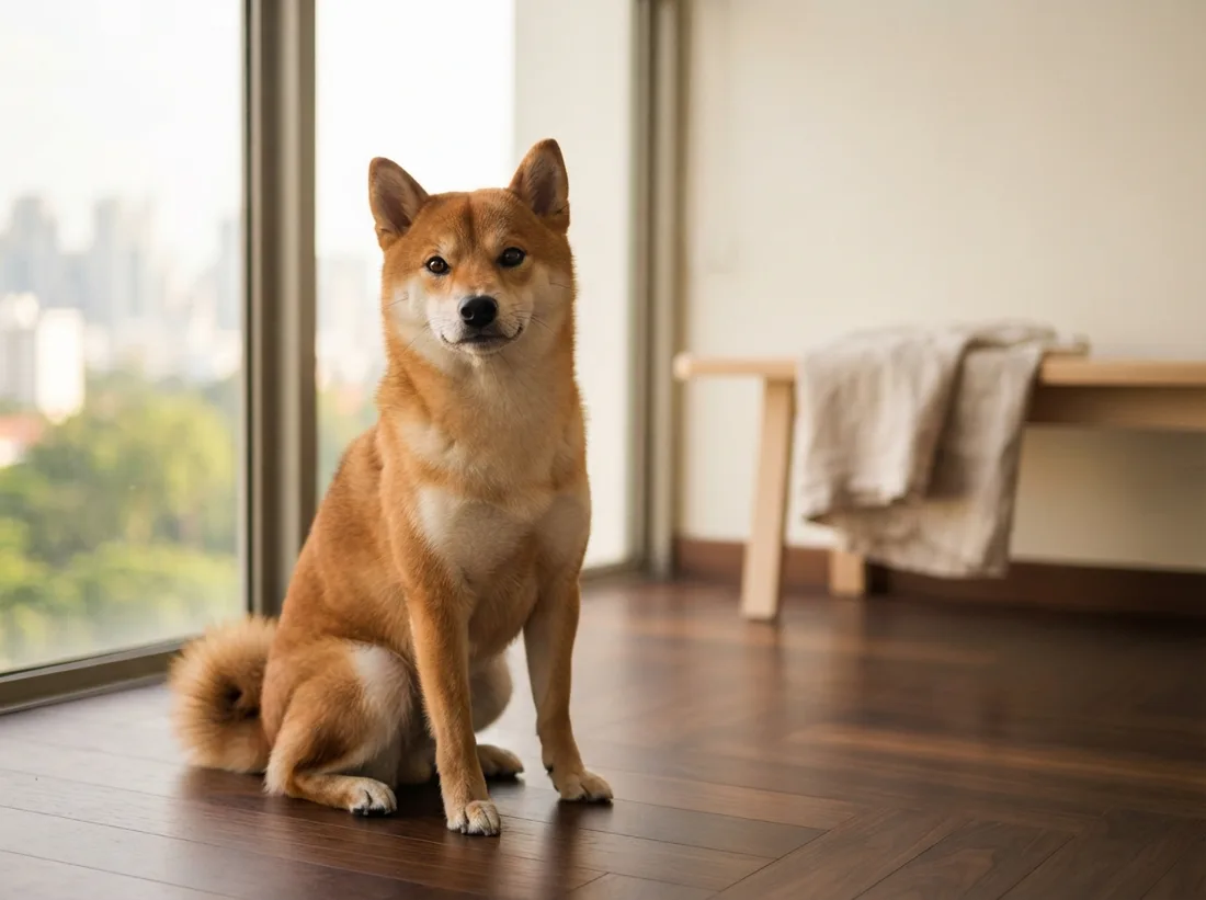 Alert red Shiba Inu with erect ears and a tightly curled tail sitting on dark parquet in a bright minimal Singapore home